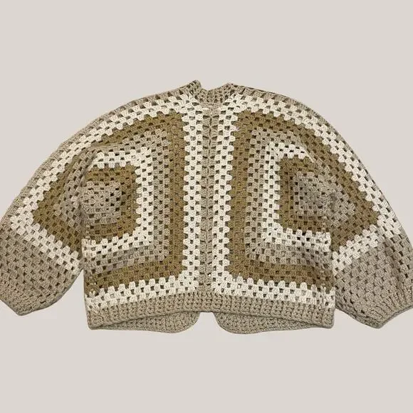 Anthropologie Chunky Crochet Cardigan Sweater | Cottage Core Granny Neutral NWOT - Picture 2 of 8
